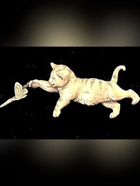 Playful Cat and Butterfly Brooch iin -Silver Tone